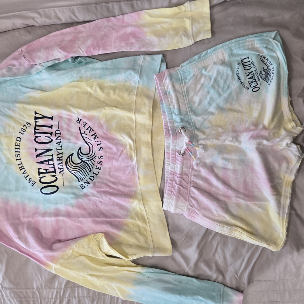 Pastel Yellow and Pink Long Sleeve Tees with Tie-Dye Effect